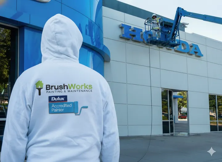 Brushworks painter in a branded hoodie outside a car dealership facade while a worker paints from a boom lift