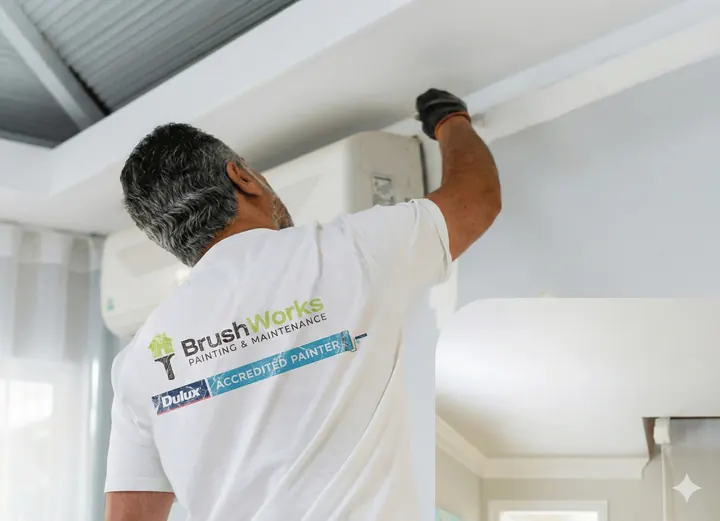 Brushworks painter brushing white paint along a ceiling bulkhead beside a wall air-conditioning unit