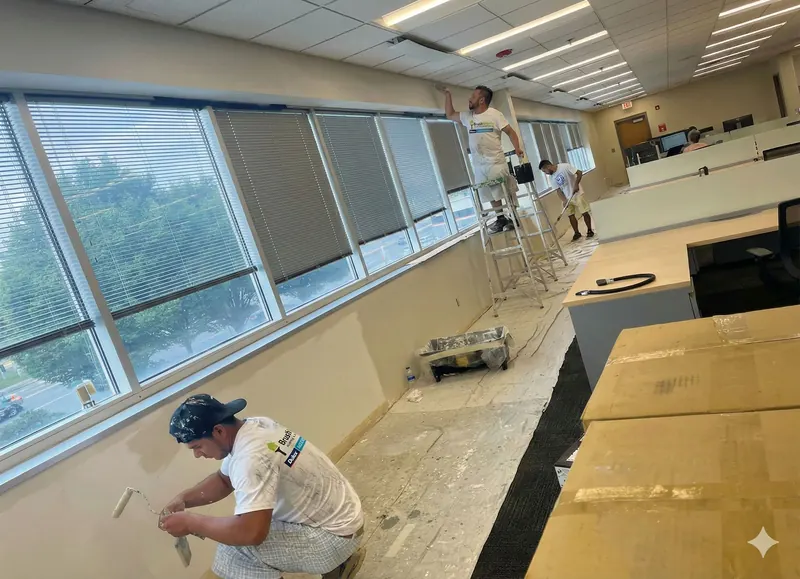 Brushworks painters working in an open-plan office, one rolling a wall beneath the windows and another on a stepladder, with desks covered in protective sheeting