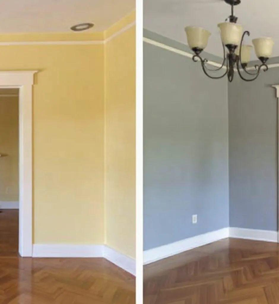 Room before and after an interior repaint from yellow to grey