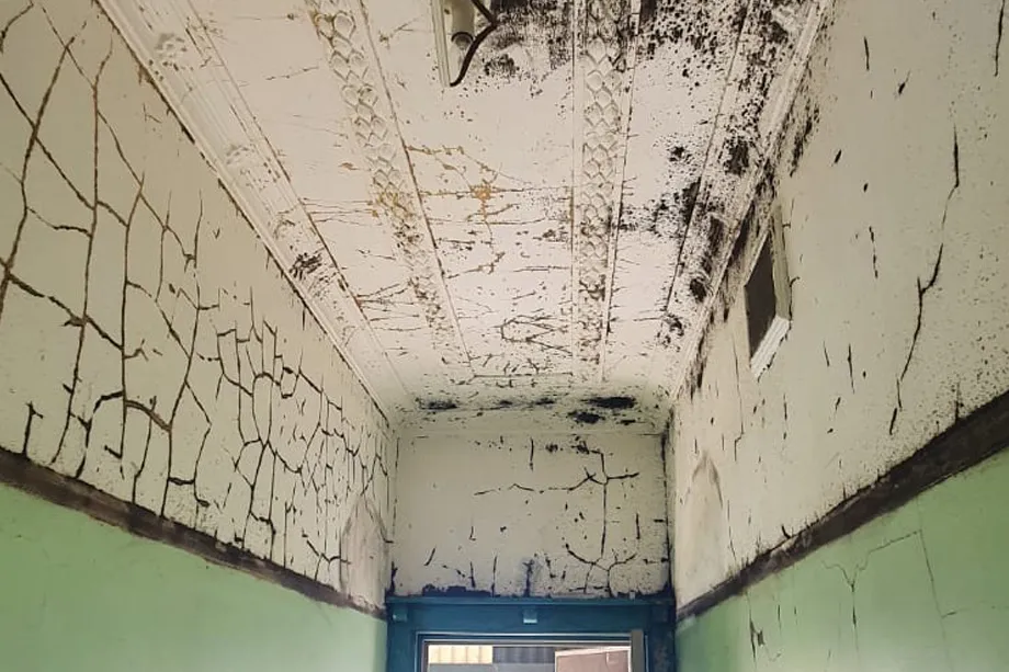 Before: hallway with black mould spots and crazed, cracking paint across the ceiling and walls